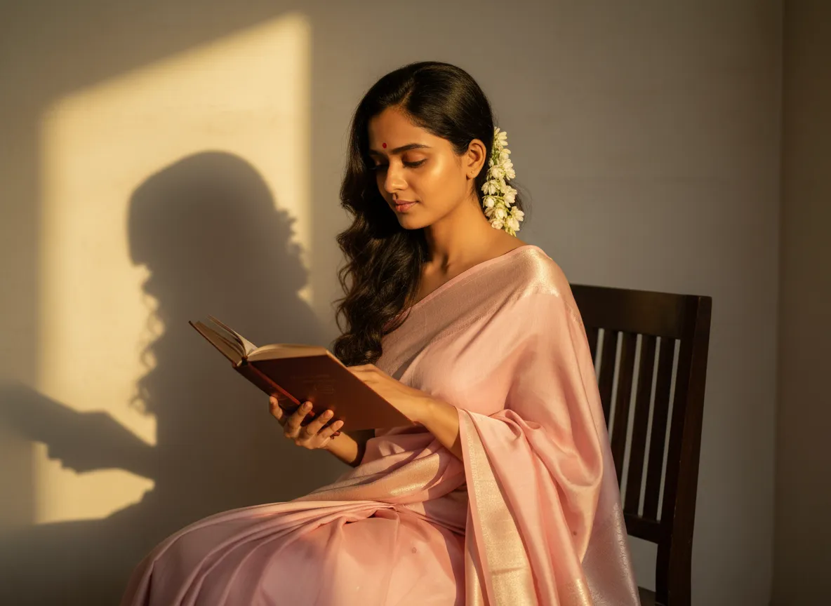 Pink Saree Portrait with Book